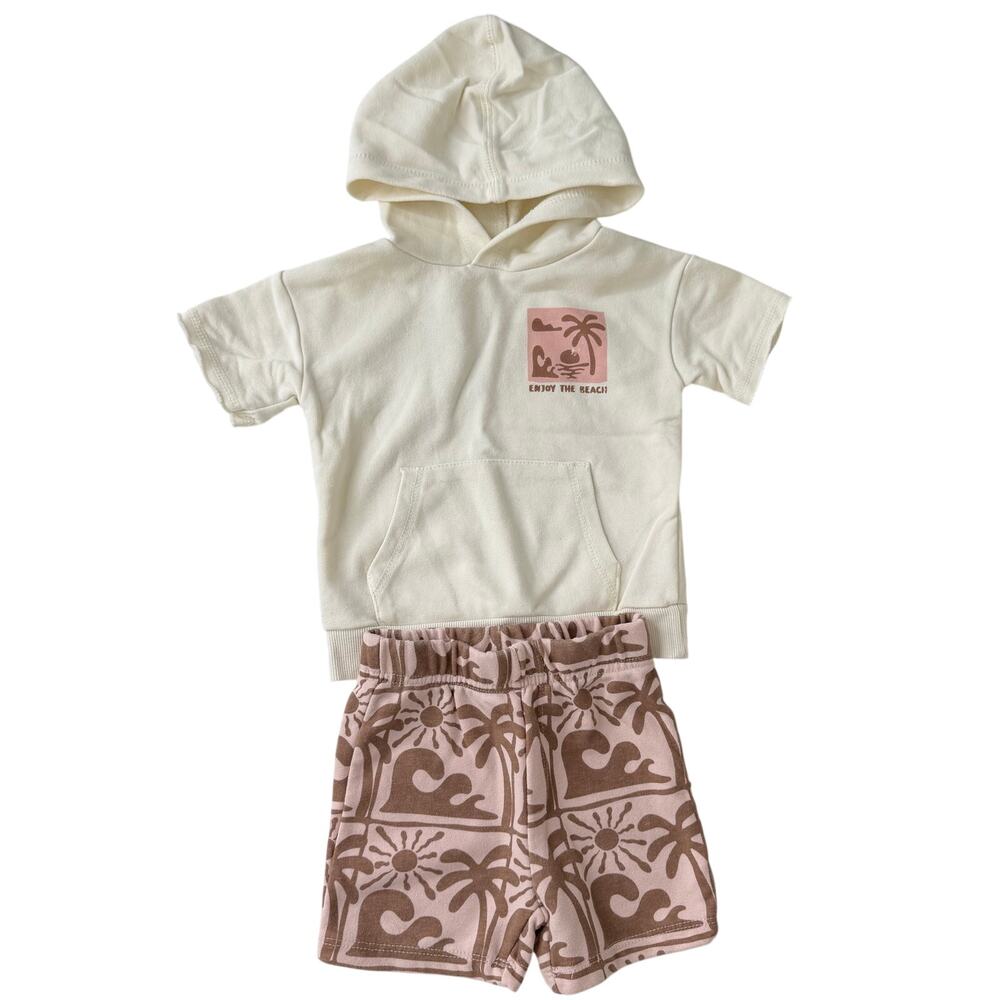 Grayson Mini Enjoy the Beach White Pink Brown Top & Shorts Outfit Size 18 Months